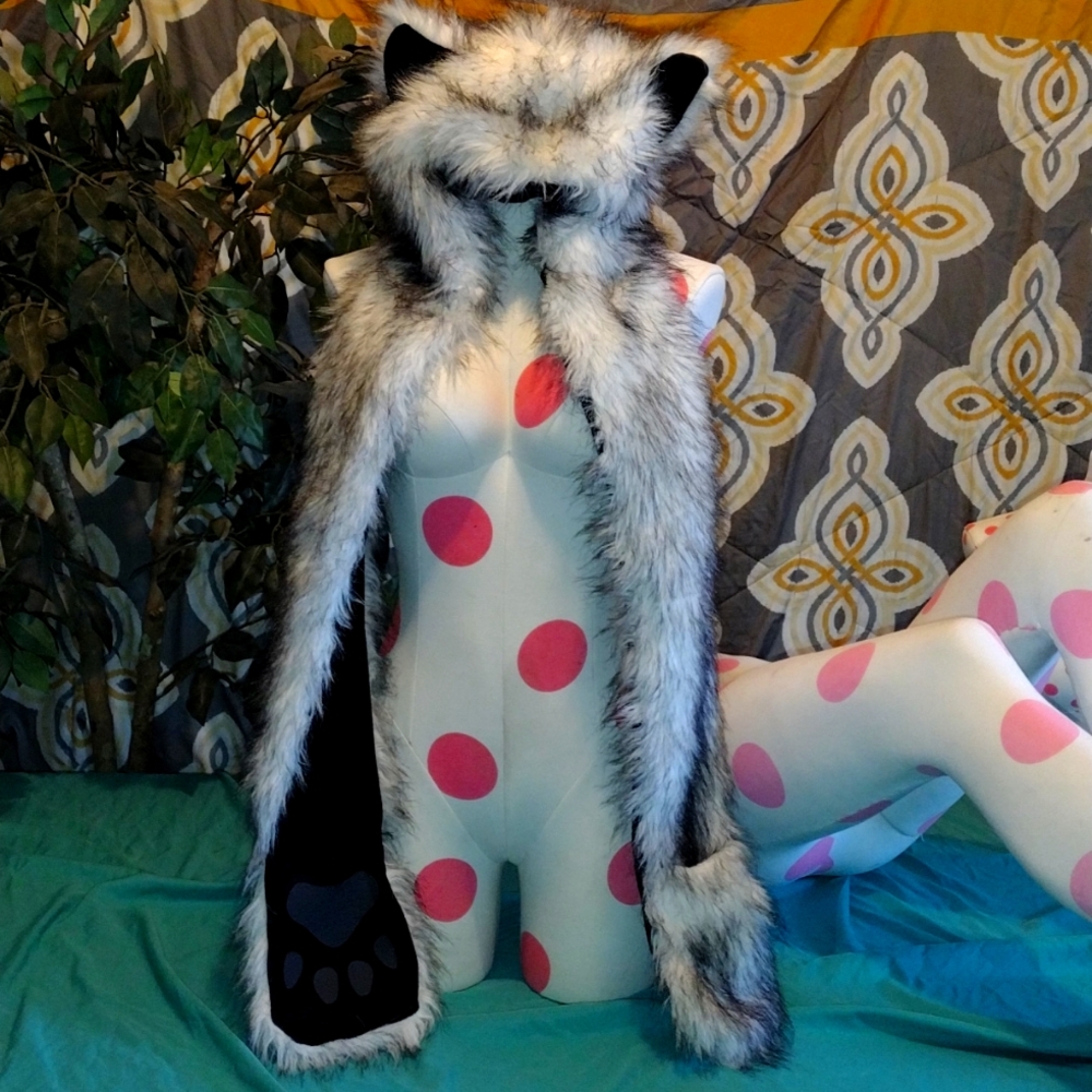 Wolf hat with ear muffs and long gloves mittens white black fur ears for winter